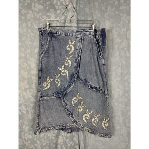 Vtg 80's Bedazzled Faux Wrap Midi Acid Wash Denim Skirt Sz 1X